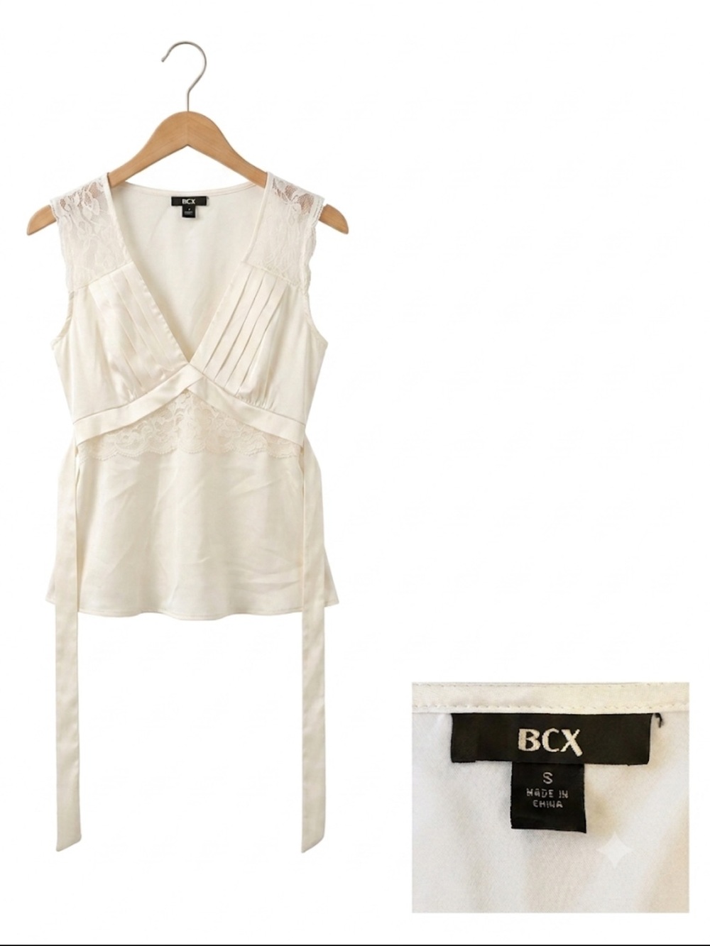 BCX Ivory Satin Lace-Trim V-Neck Camisole